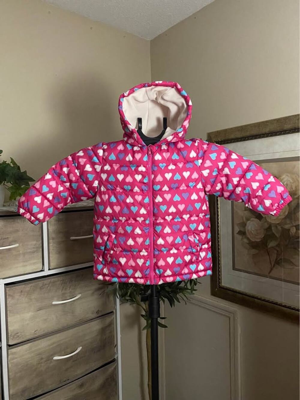 Faded Glory Toddler Girls Heart Print Hooded Puffer Jacket – 24 Months